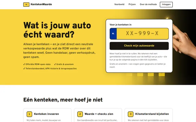 Schermafbeelding van KentekenWaarde op kentekenwaarde.nl