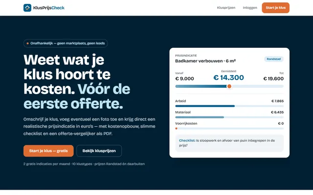 Schermafbeelding van KlusPrijsCheck op klusprijscheck.nl